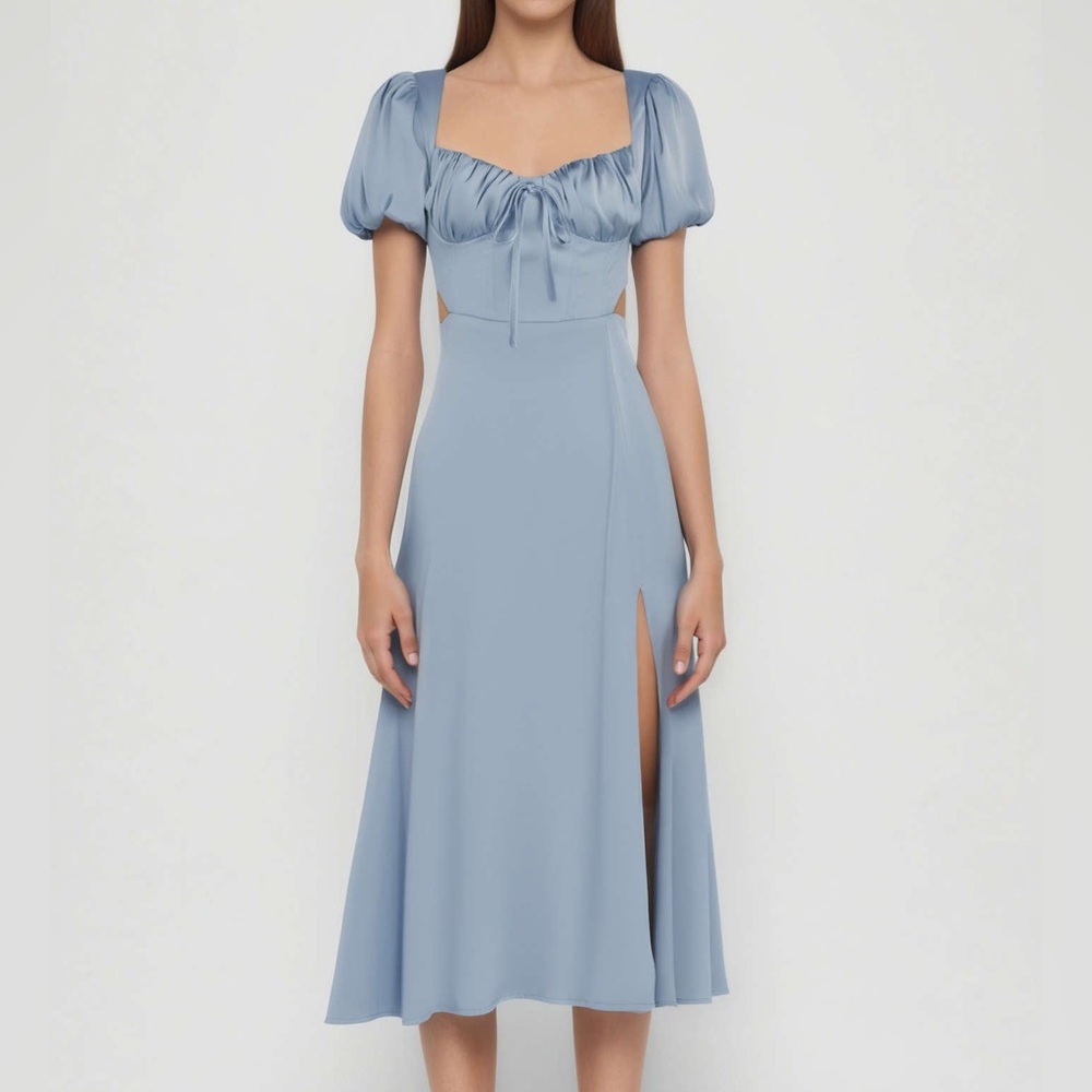 Satin Blue Puff-Sleeve Midi Dress